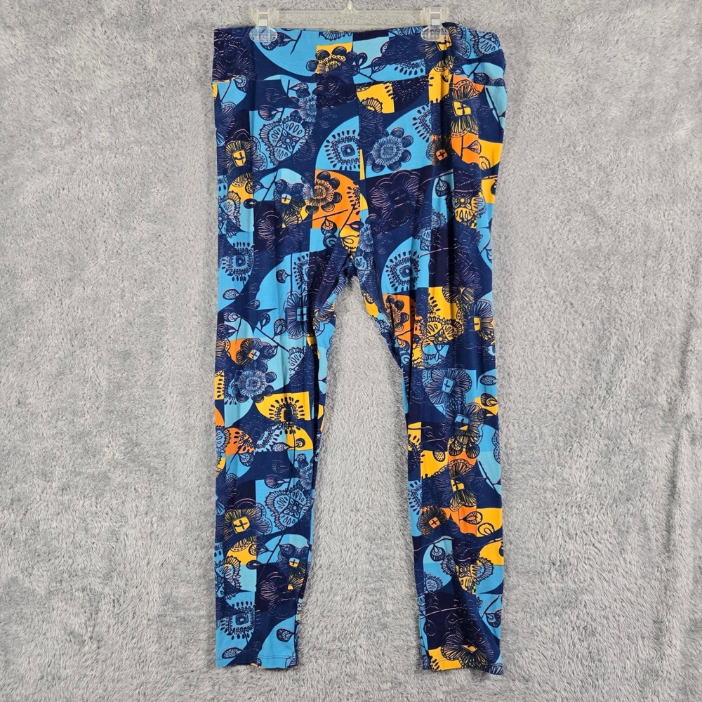 LuLaRoe TC2 Leggings Blue Orange Floral Patchwork Plus Size Tall Curvy 2